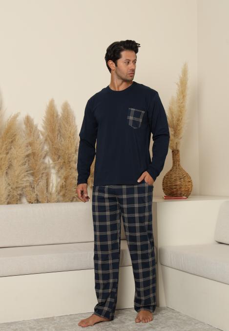 Pijama Barbati ,Maneca si Pantaloni Lungi, Culoare Bleumarin cu Crem,Engros